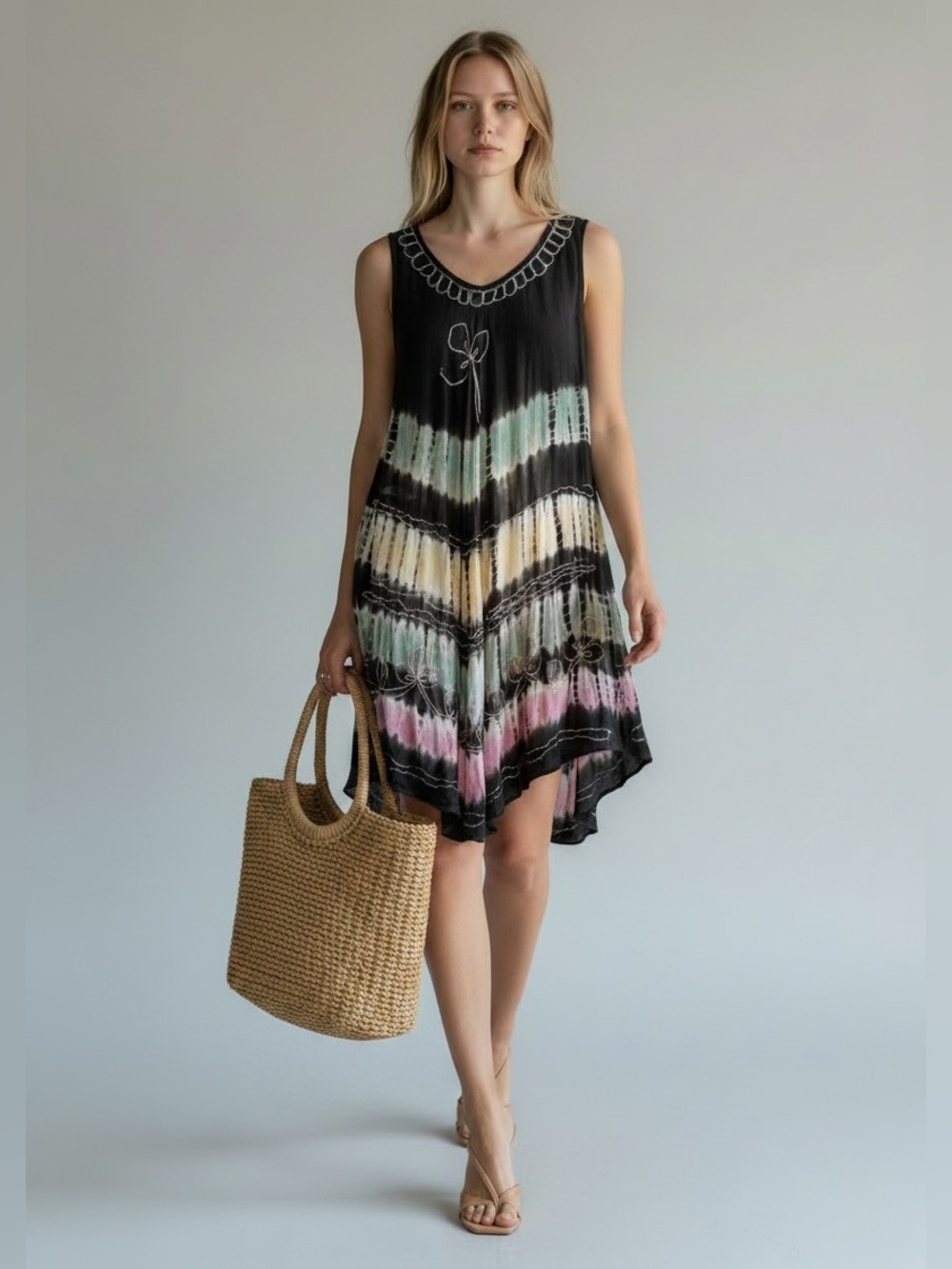 Summer Dress A-Line Midi Length Tunic Umbrella Sundress Brown Pink Green Medium